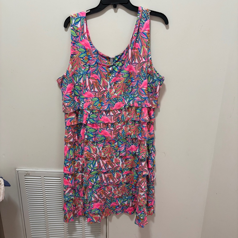 Lulu-B Tropical Flamingo Ruffle Tiered Dress Womens Pink Blue size 1X Sleeveless